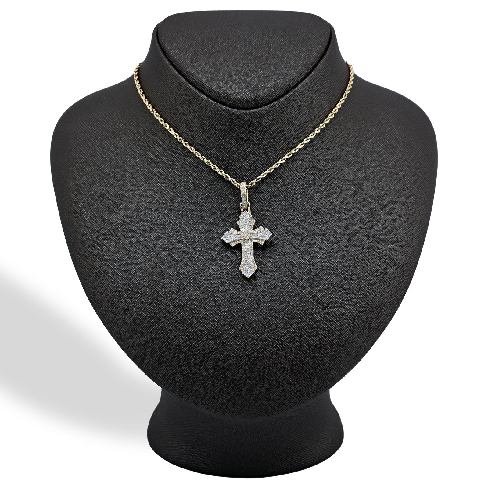 10K Yellow & White Gold 2 Tone 0.90 CT Natural Diamond Religious Cross Pendant Men's Charm