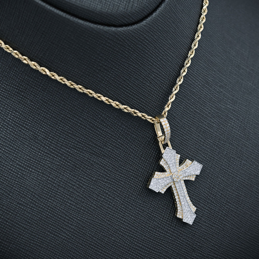10K Yellow & White Gold 2 Tone 0.90 CT Natural Diamond Religious Cross Pendant Men's Charm