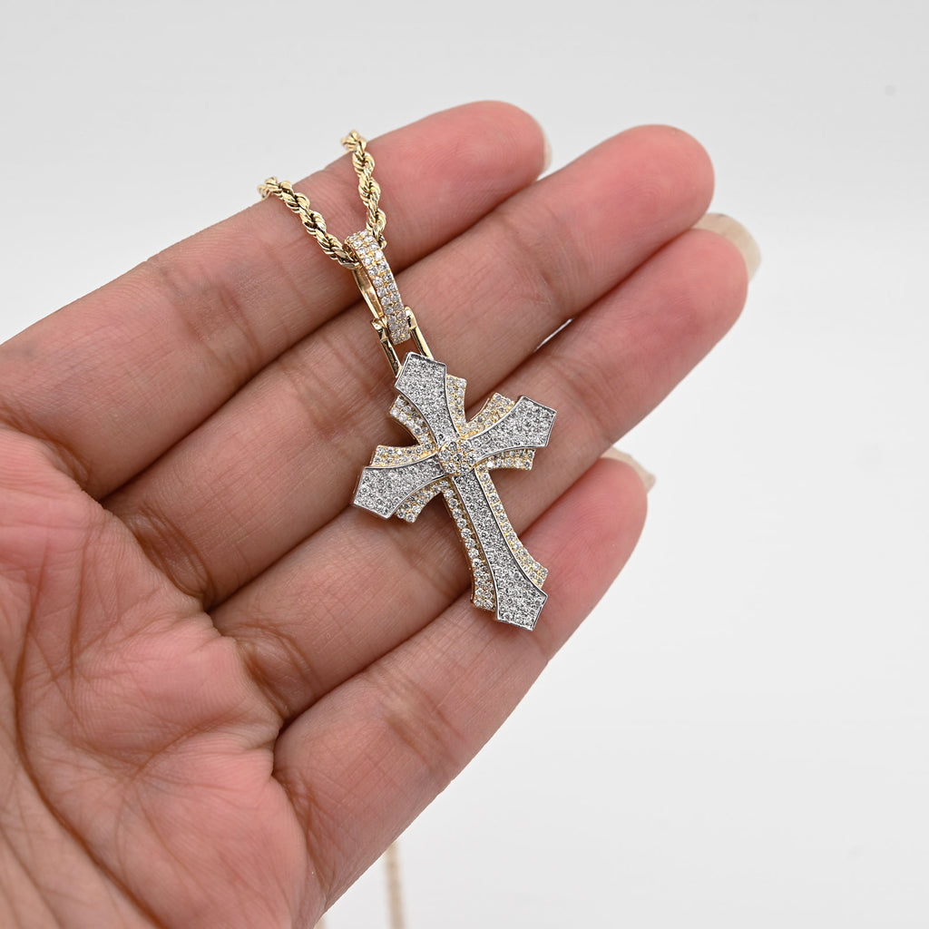 10K Yellow & White Gold 2 Tone 0.90 CT Natural Diamond Religious Cross Pendant Men's Charm