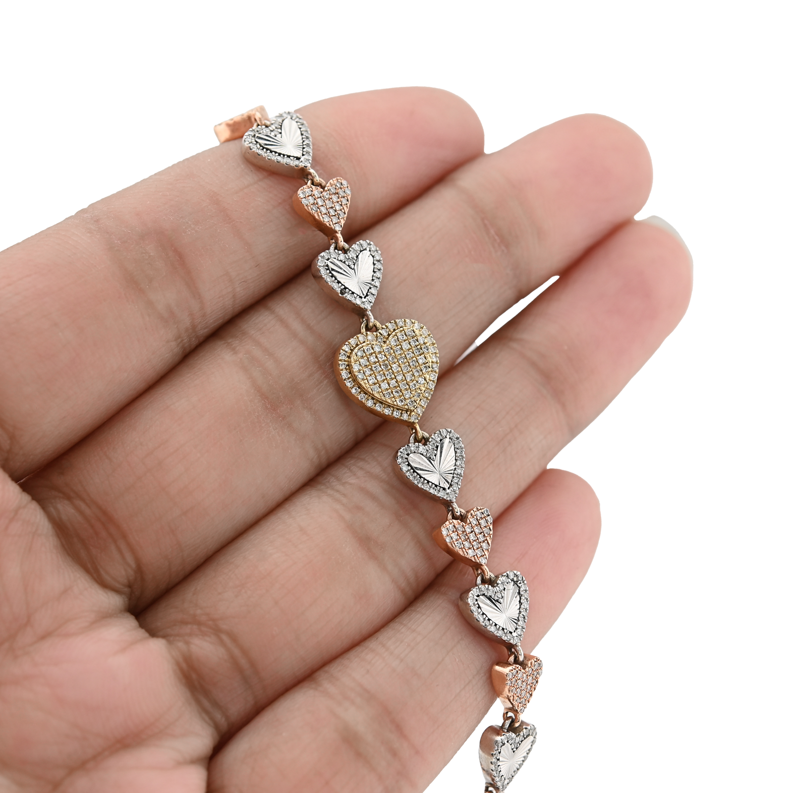 10K Yellow, White & Rose Gold 3 Tone 2CT Natural Diamond Heart Bracelet