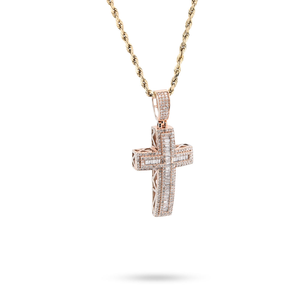 10K Rose Gold 2 CT Round & Baguette Natural Diamond Cross Religious Pendant 5.9 g Men Charm