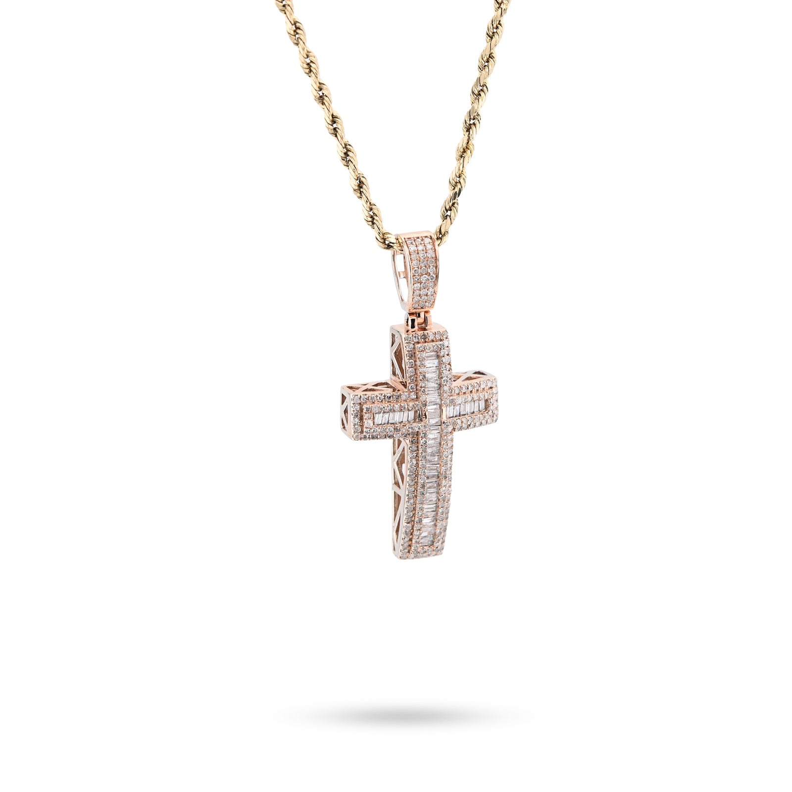 10K Rose Gold 2 CT Round & Baguette Natural Diamond Cross Religious Pendant 5.9 g Men Charm
