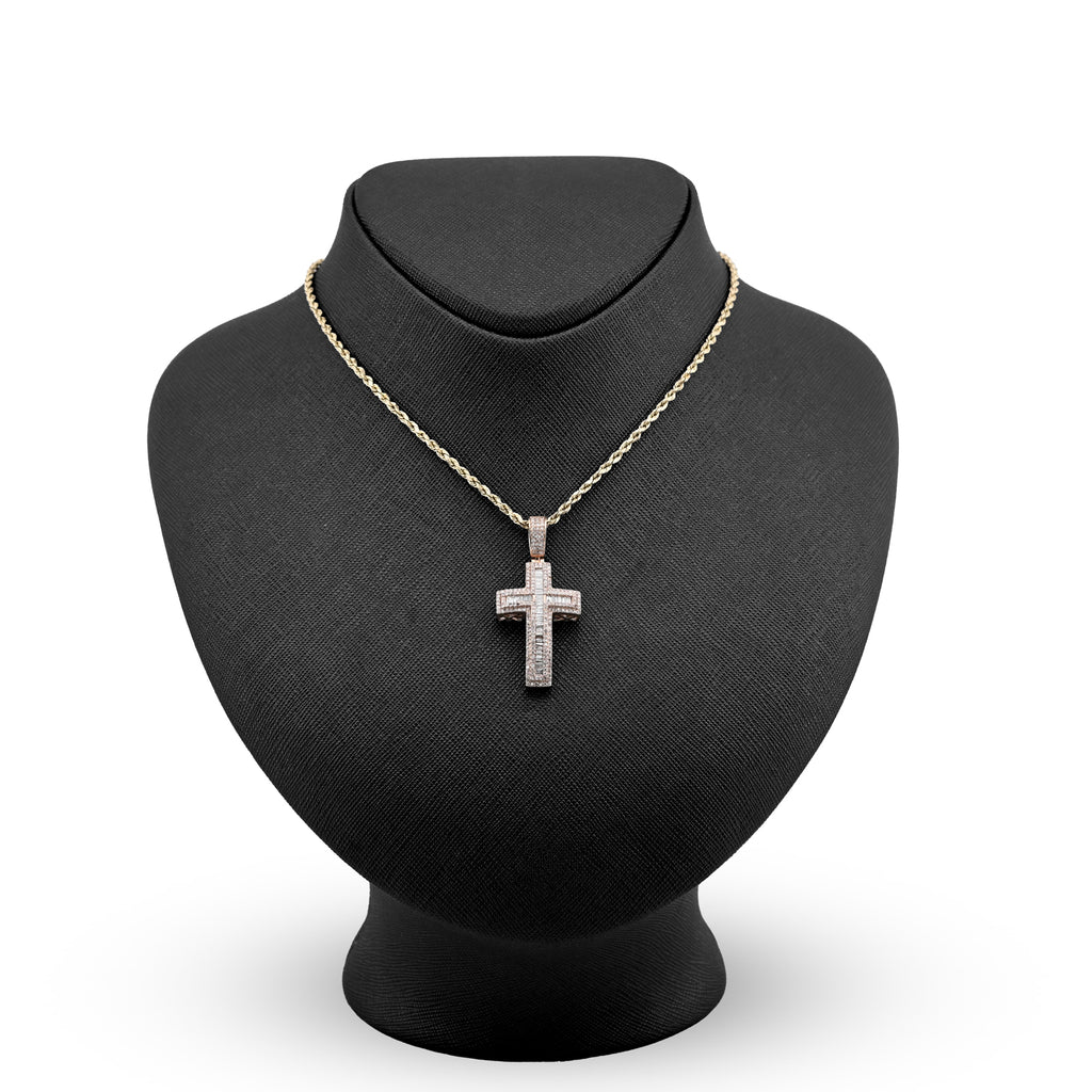 10K Rose Gold 2 CT Round & Baguette Natural Diamond Cross Religious Pendant 5.9 g Men Charm