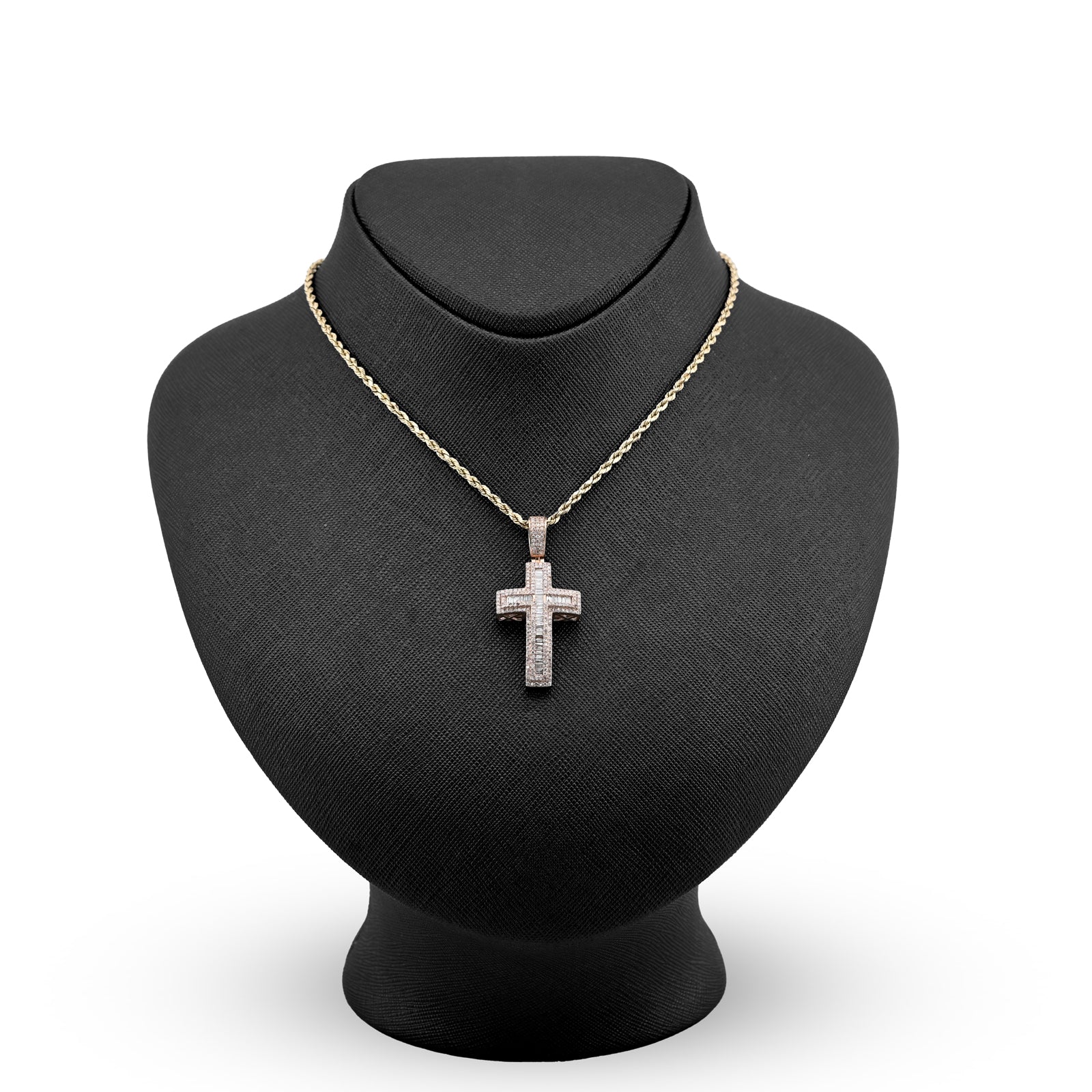 10K Rose Gold 2 CT Round & Baguette Natural Diamond Cross Religious Pendant 5.9 g Men Charm