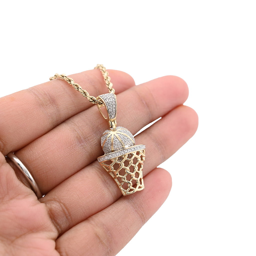 10K Yellow Gold 0.20 CT Natural Diamond Basketball & Net Charm 34.4 MM Men Pendant