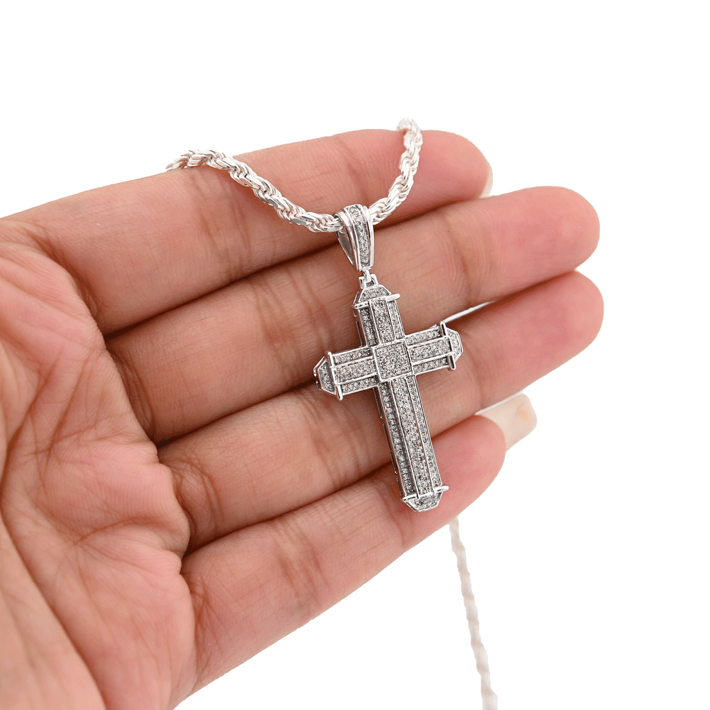 10K White Gold 0.5 CT Natural Diamond Cross Charm Men Pendant 1.75"
