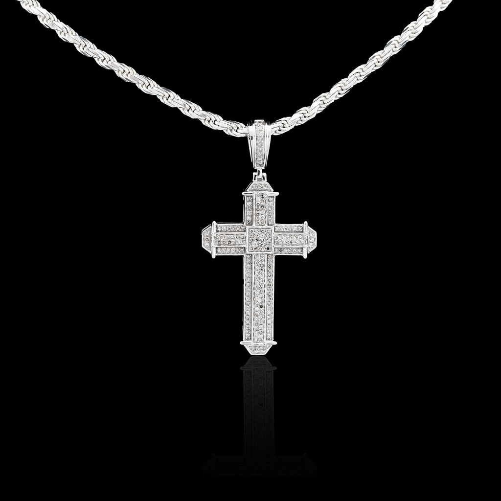 10K White Gold 0.5 CT Natural Diamond Cross Charm Men Pendant 1.75"