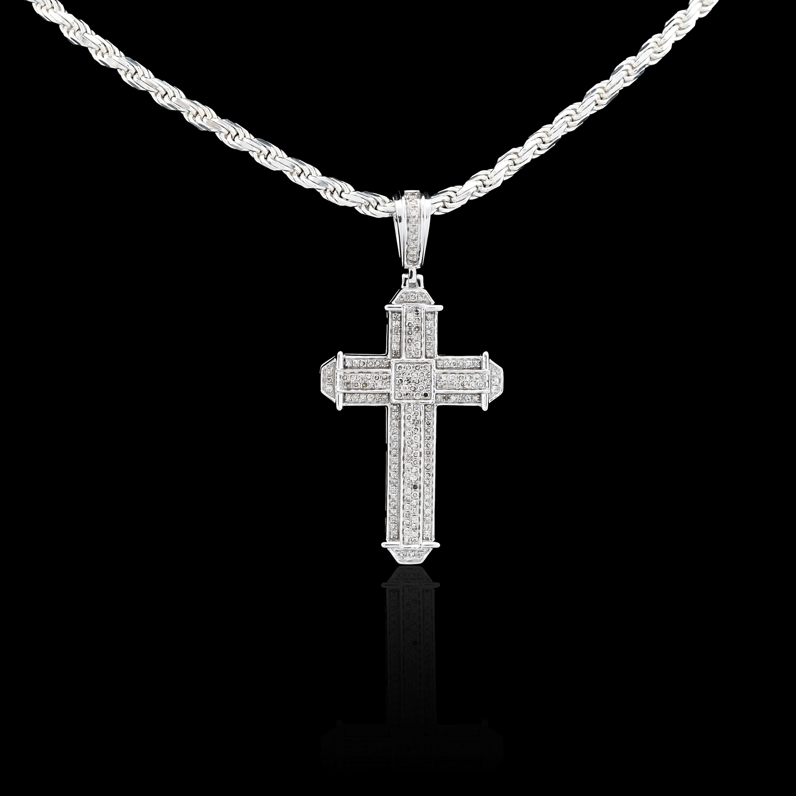 10K White Gold 0.5 CT Natural Diamond Cross Charm Men Pendant 1.75"