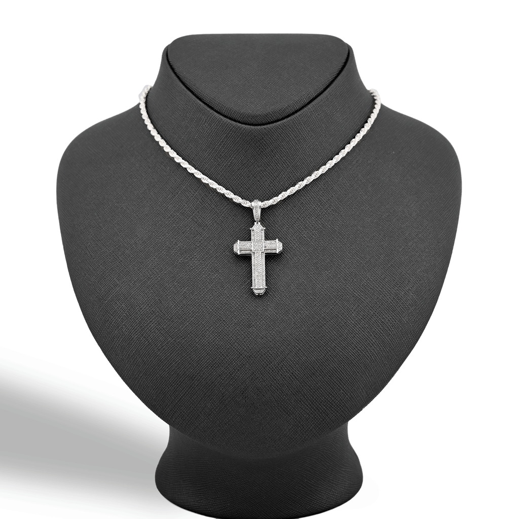 10K White Gold 0.5 CT Natural Diamond Cross Charm Men Pendant 1.75"