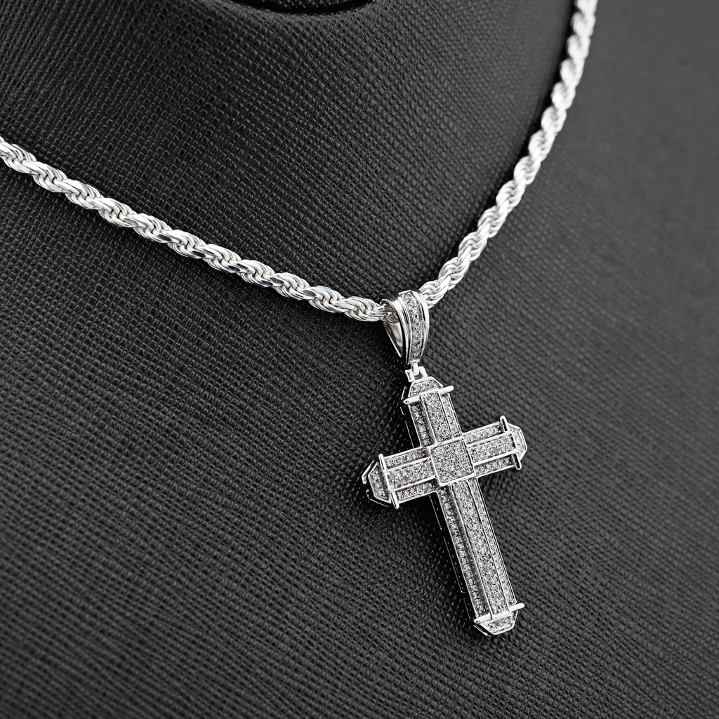 10K White Gold 0.5 CT Natural Diamond Cross Charm Men Pendant 1.75"