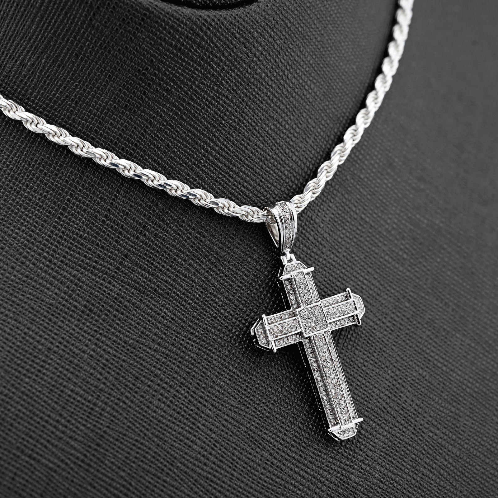 10K White Gold 0.5 CT Natural Diamond Cross Charm Men Pendant 1.75"