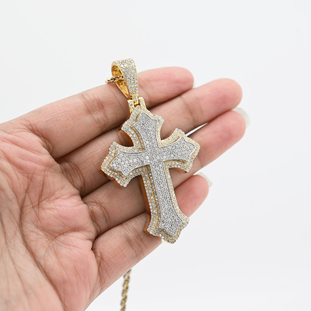 10K Yellow & White Gold 5 CT Natural Diamond Religious Cross Pendant Men Women Charm