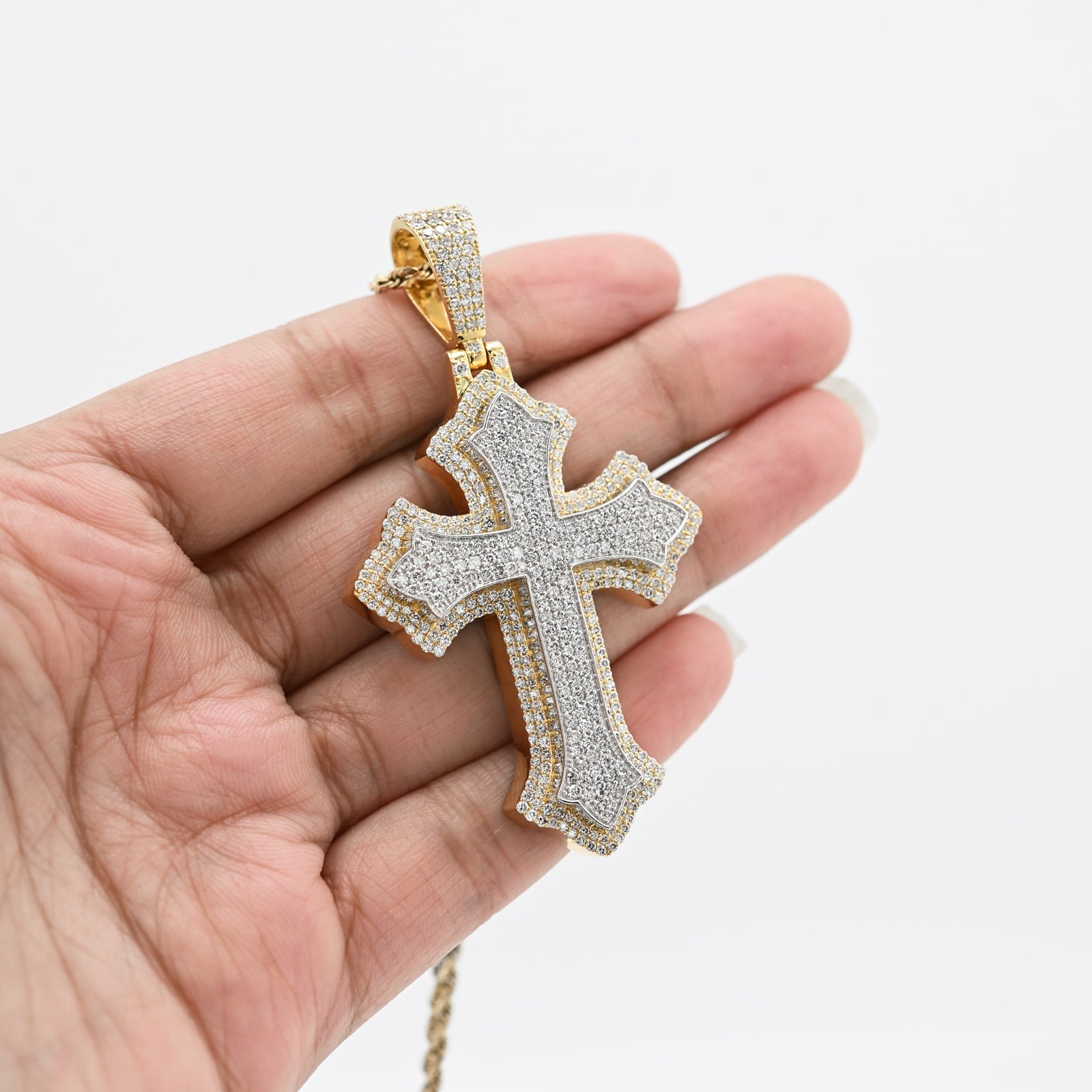 10K Yellow & White Gold 5 CT Natural Diamond Religious Cross Pendant Men Women Charm