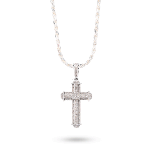 10K White Gold 0.5 CT Natural Diamond Cross Charm Men Pendant 1.75"