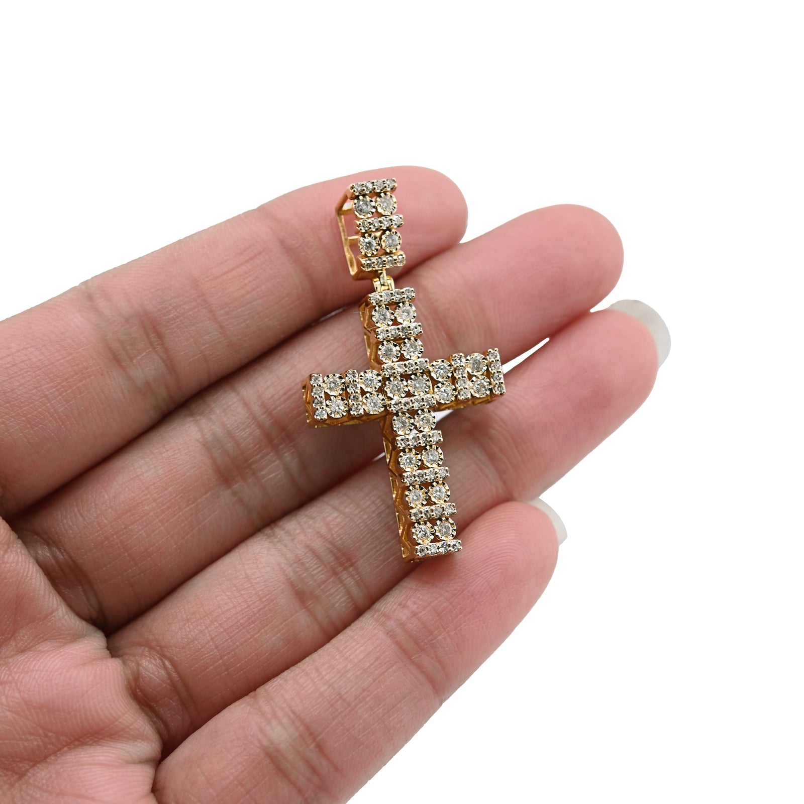 10K Yellow Gold 1.0 CT Natural Diamond Religious Cross Cage Back Men Women Pendant