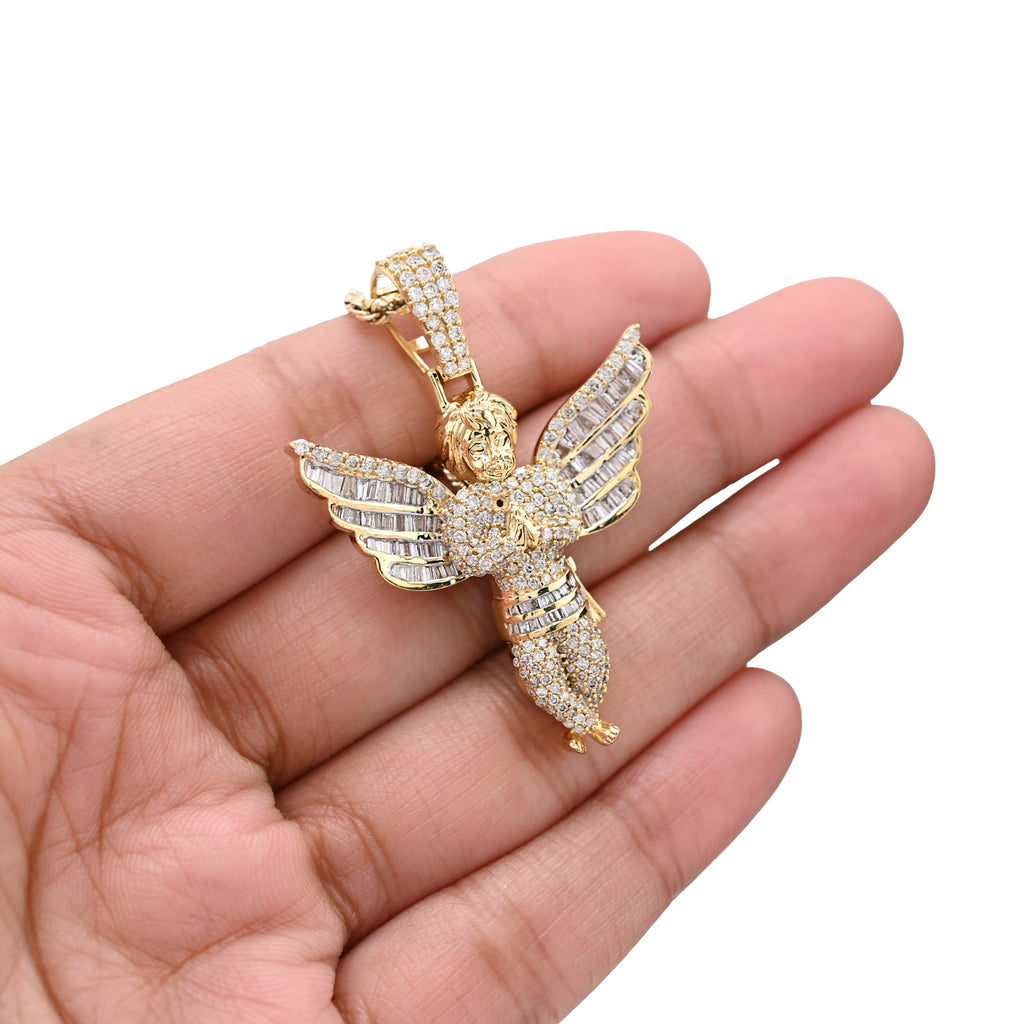 10K Yellow Gold 2.10 Natural Diamond Angel Charm Religious Pendant