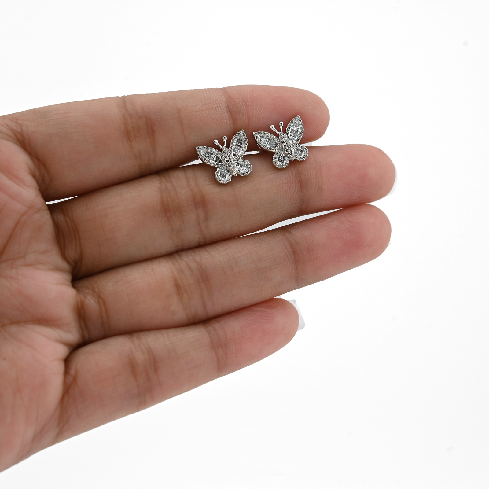 10K White Gold 0.44CT Round & Baguette Natural Diamond Butterfly Stud Women Earring