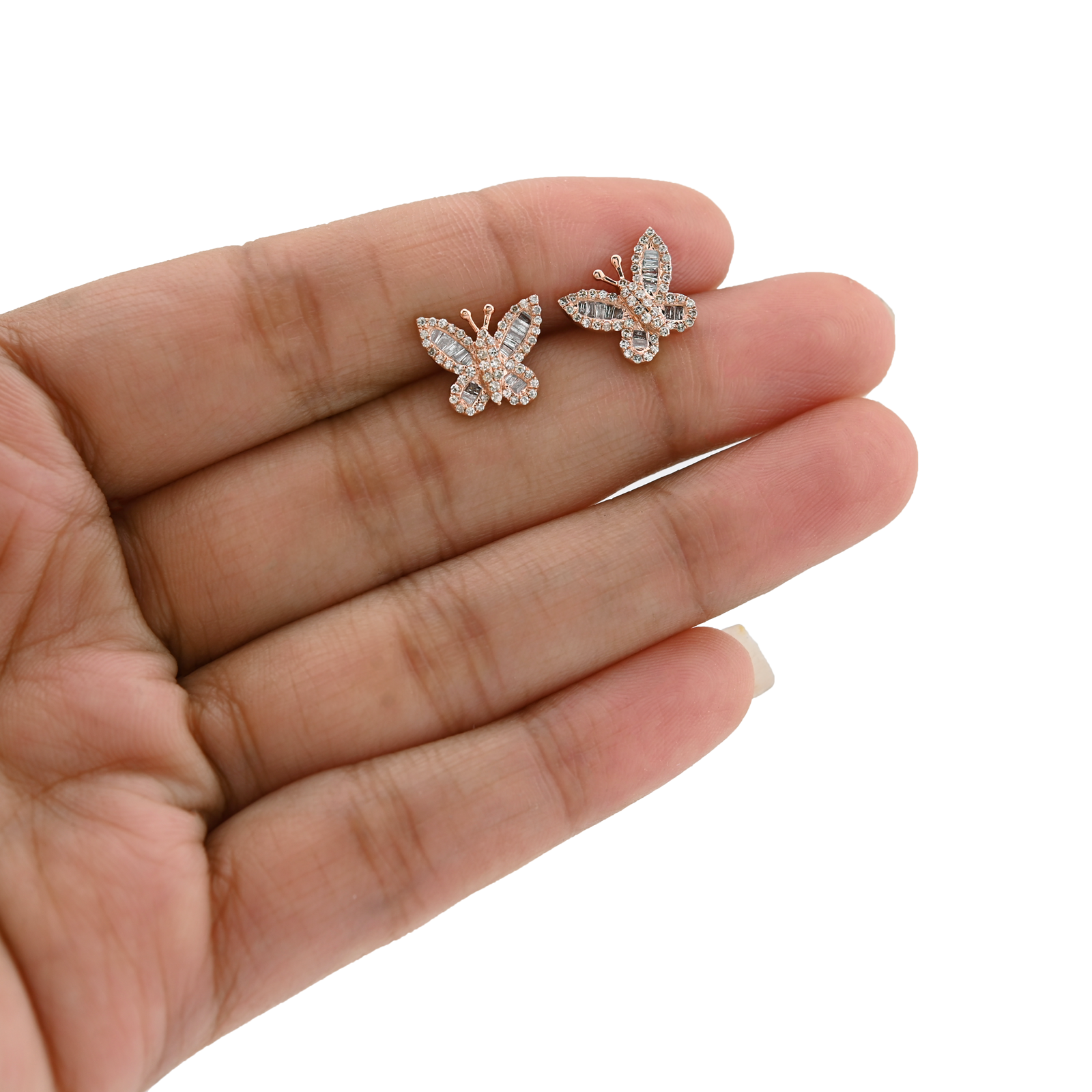 10K Rose Gold 0.46CT Round & Baguette Natural Diamond Butterfly Stud Women Earring