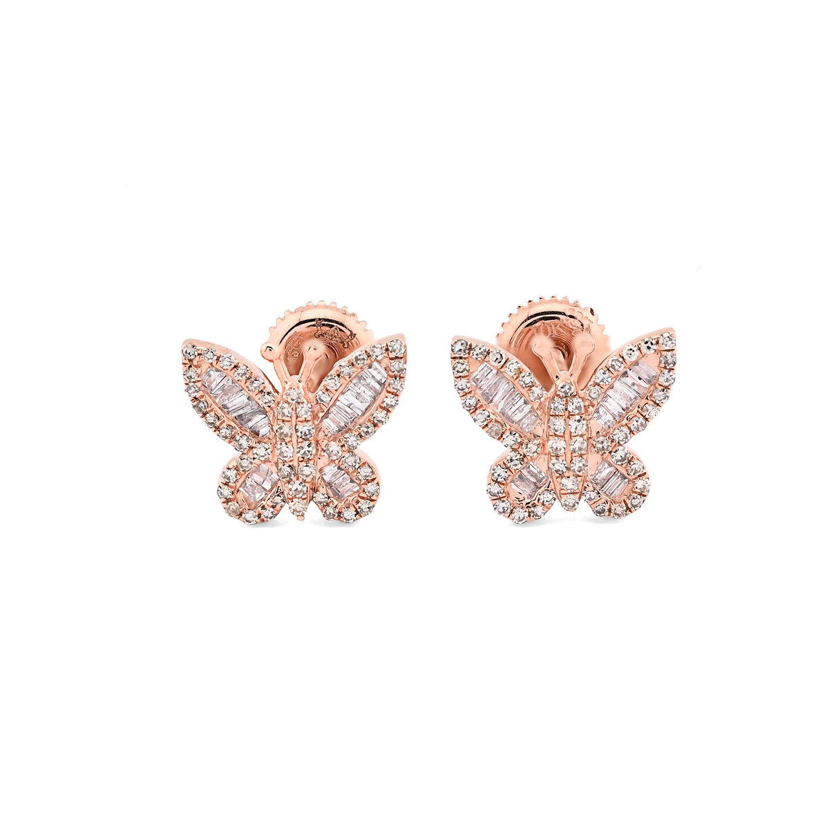 10K Rose Gold 0.46CT Round & Baguette Natural Diamond Butterfly Stud Women Earring