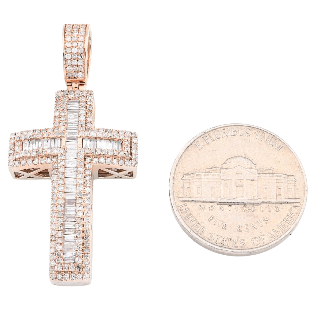 10K Rose Gold 2 CT Round & Baguette Natural Diamond Cross Religious Pendant 5.9 g Men Charm