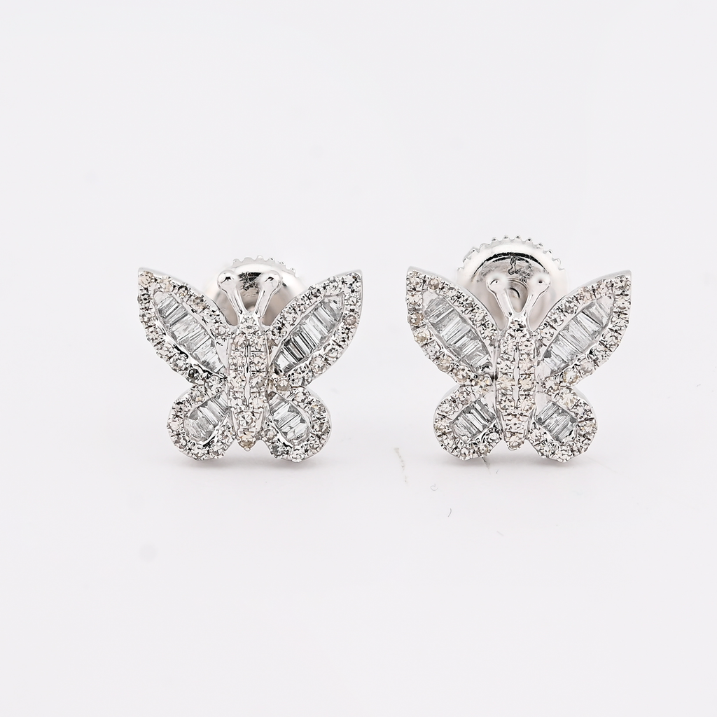 10K White Gold 0.44CT Round & Baguette Natural Diamond Butterfly Stud Women Earring