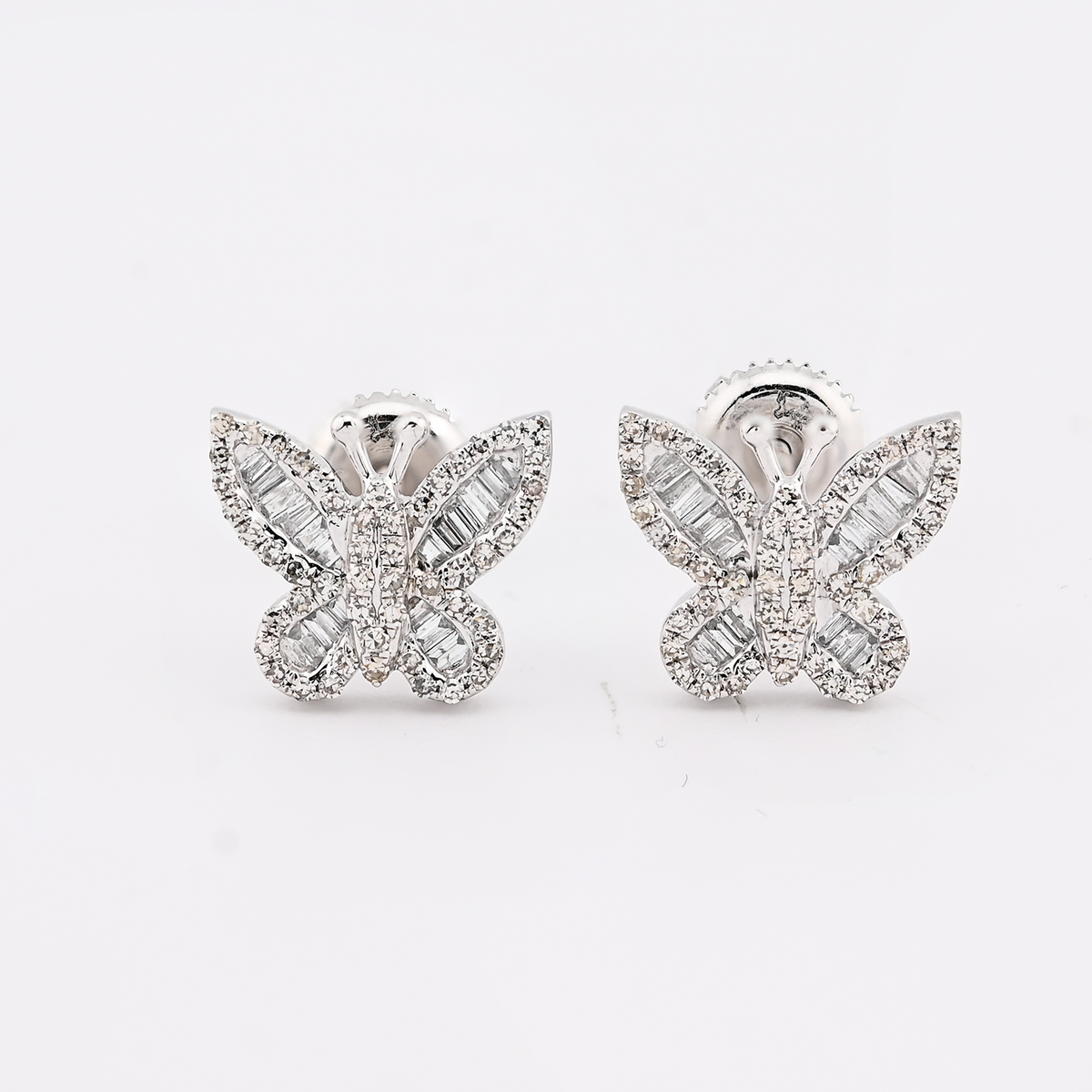 10K White Gold 0.44CT Round & Baguette Natural Diamond Butterfly Stud Women Earring