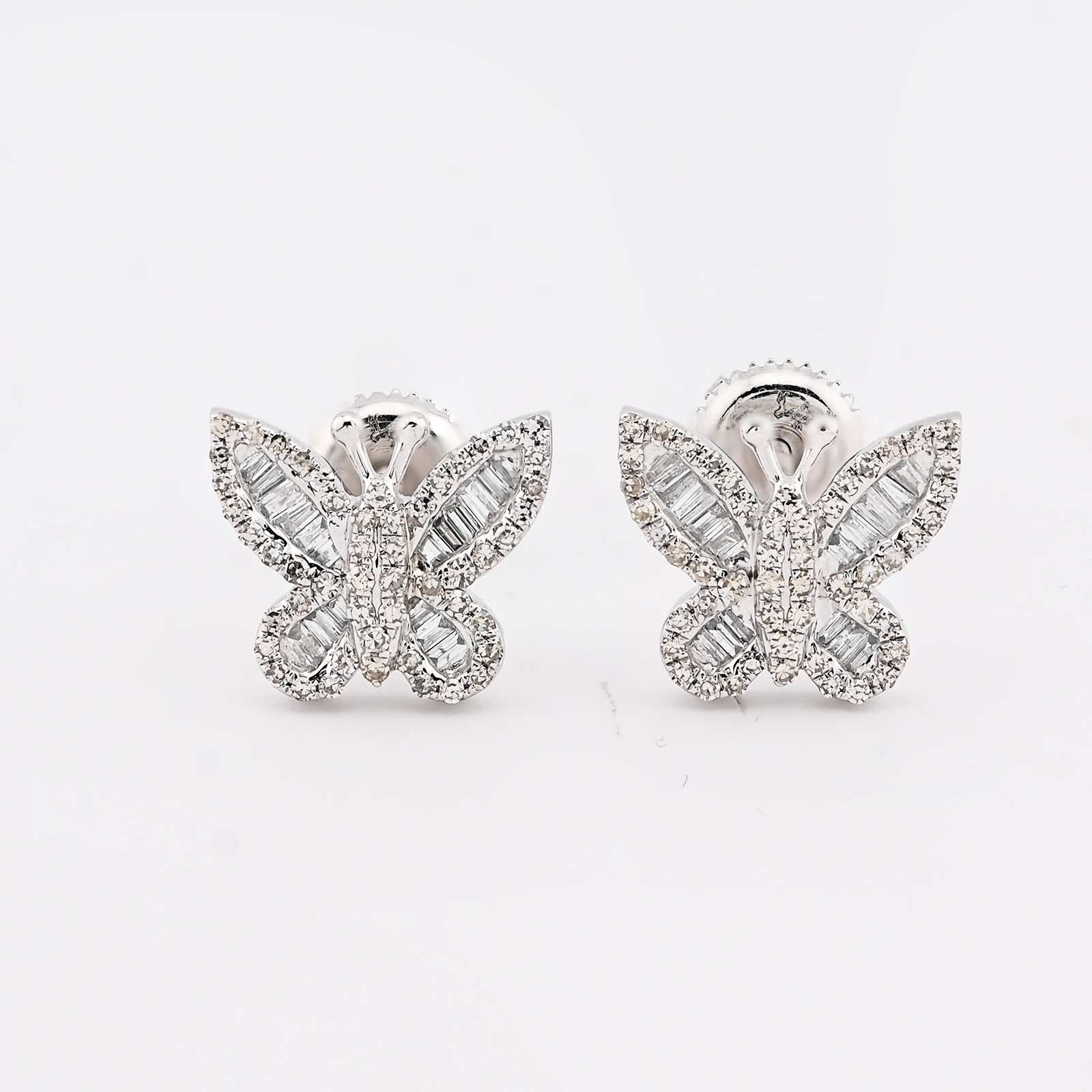10K White Gold 0.44CT Round & Baguette Natural Diamond Butterfly Stud Women Earring