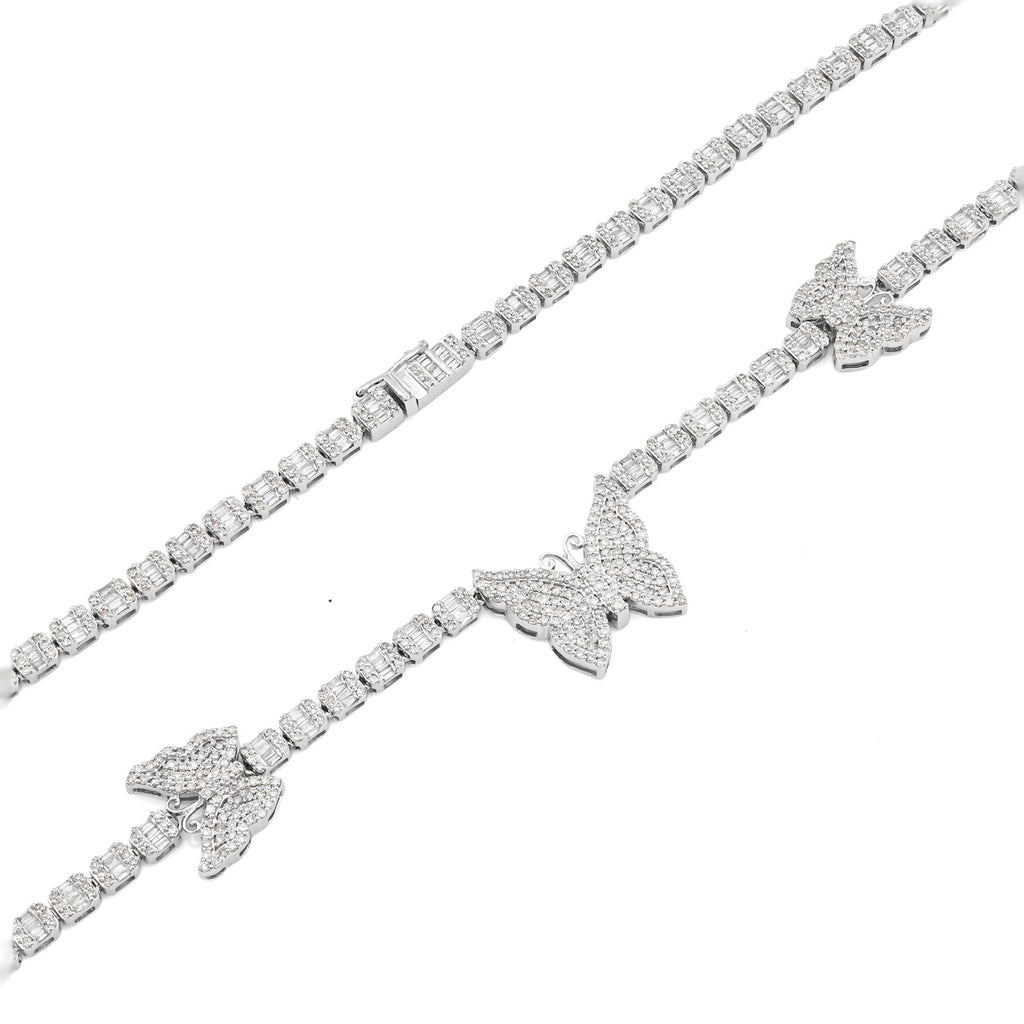 10K White Gold 5.48 CT Round & baguette Natural Diamond Butterfly Tennis Chain 18" Women Necklace 26.5 g