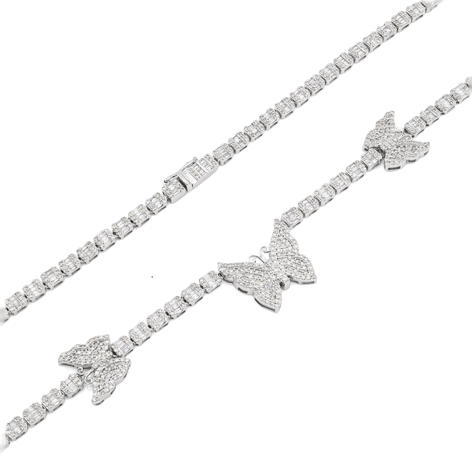 10K White Gold 5.48 CT Round & baguette Natural Diamond Butterfly Tennis Chain 18" Women Necklace 26.5 g