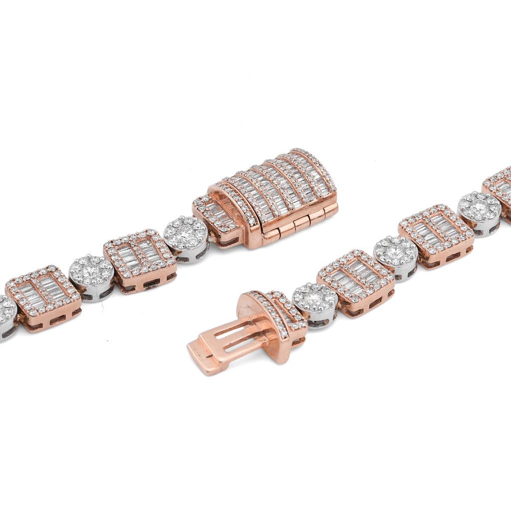 10K Rose/White Gold Square Round Link Natural Round/Baguette Diamond Men Women Tennis Chain