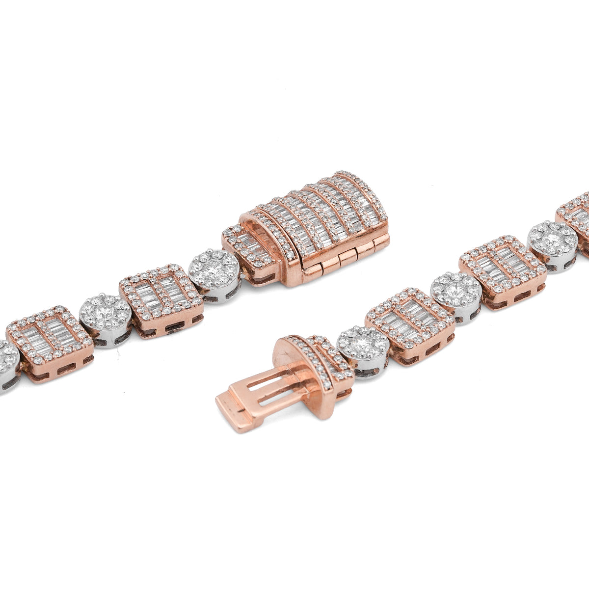 10K Rose/White Gold Square Round Link Natural Round/Baguette Diamond Men Women Tennis Chain