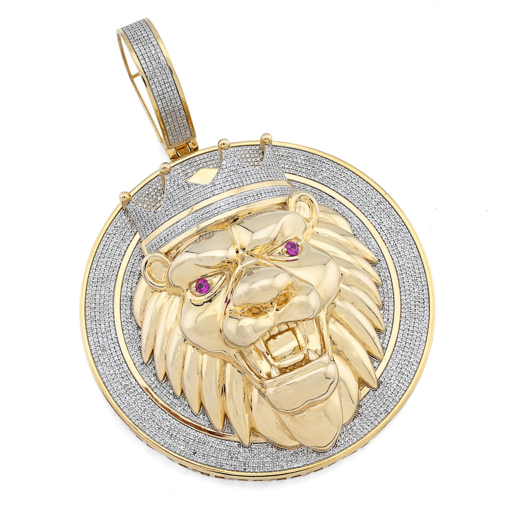 10K Yellow Gold 3 CT Natural Diamond Lion Face Crown Round Shape 89.2 MM Pendant Men Charm 43.6 g