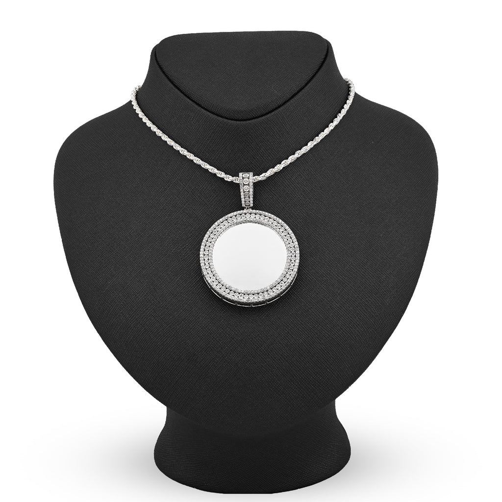 925 1.90CT Natural Diamond Round Picture Charm Memory Pendant Men Women 2.5"
