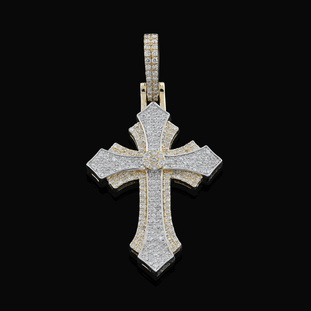 10K Yellow & White Gold 2 Tone 0.90 CT Natural Diamond Religious Cross Pendant Men's Charm