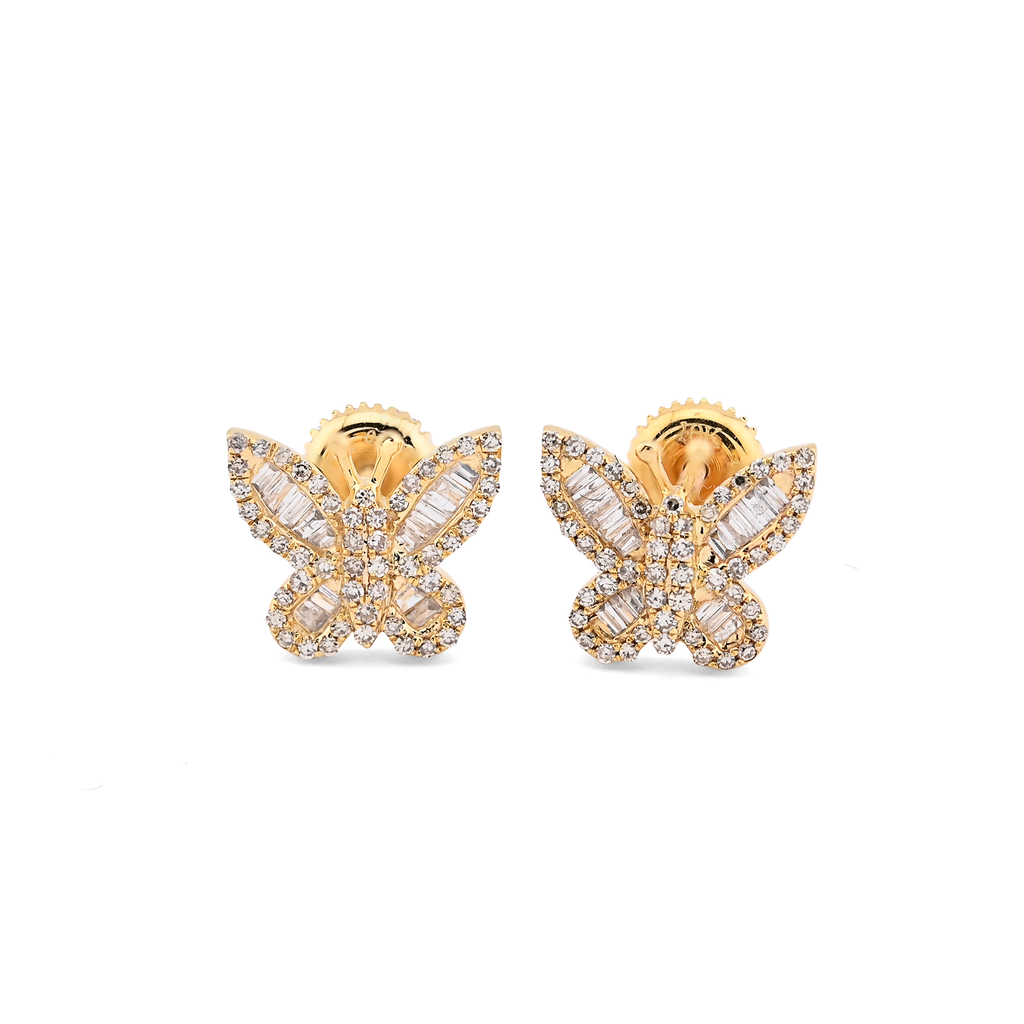 10K Yellow Gold 0.45CT Round & Baguette Natural Diamond Butterfly Stud Women Earring
