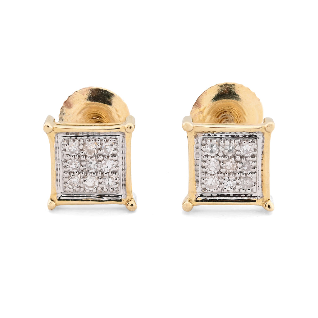 10K Yellow Gold 0.06 CT Natural Diamond Square Studs Men Women Earrings