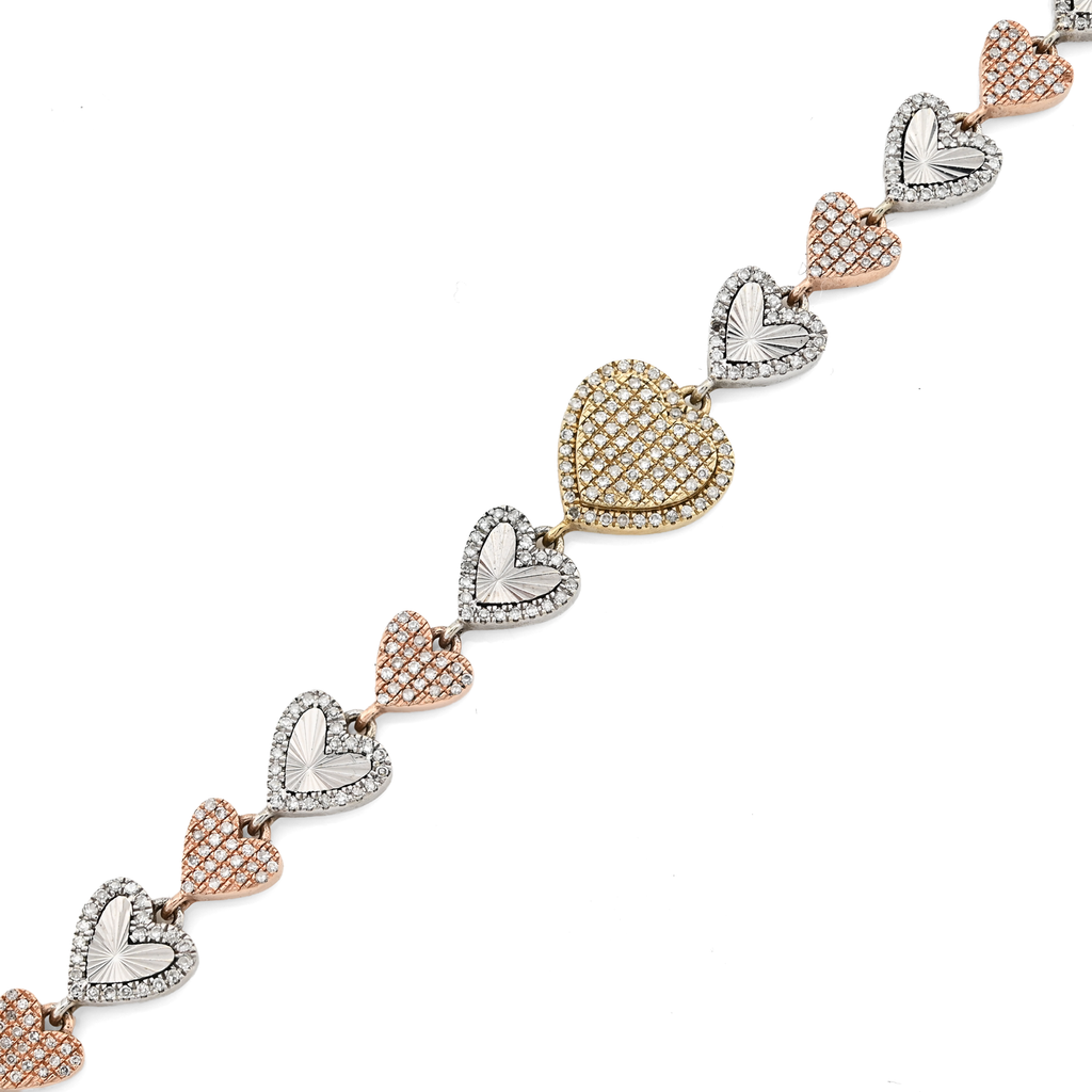 10K Yellow, White & Rose Gold 3 Tone 2CT Natural Diamond Heart Bracelet