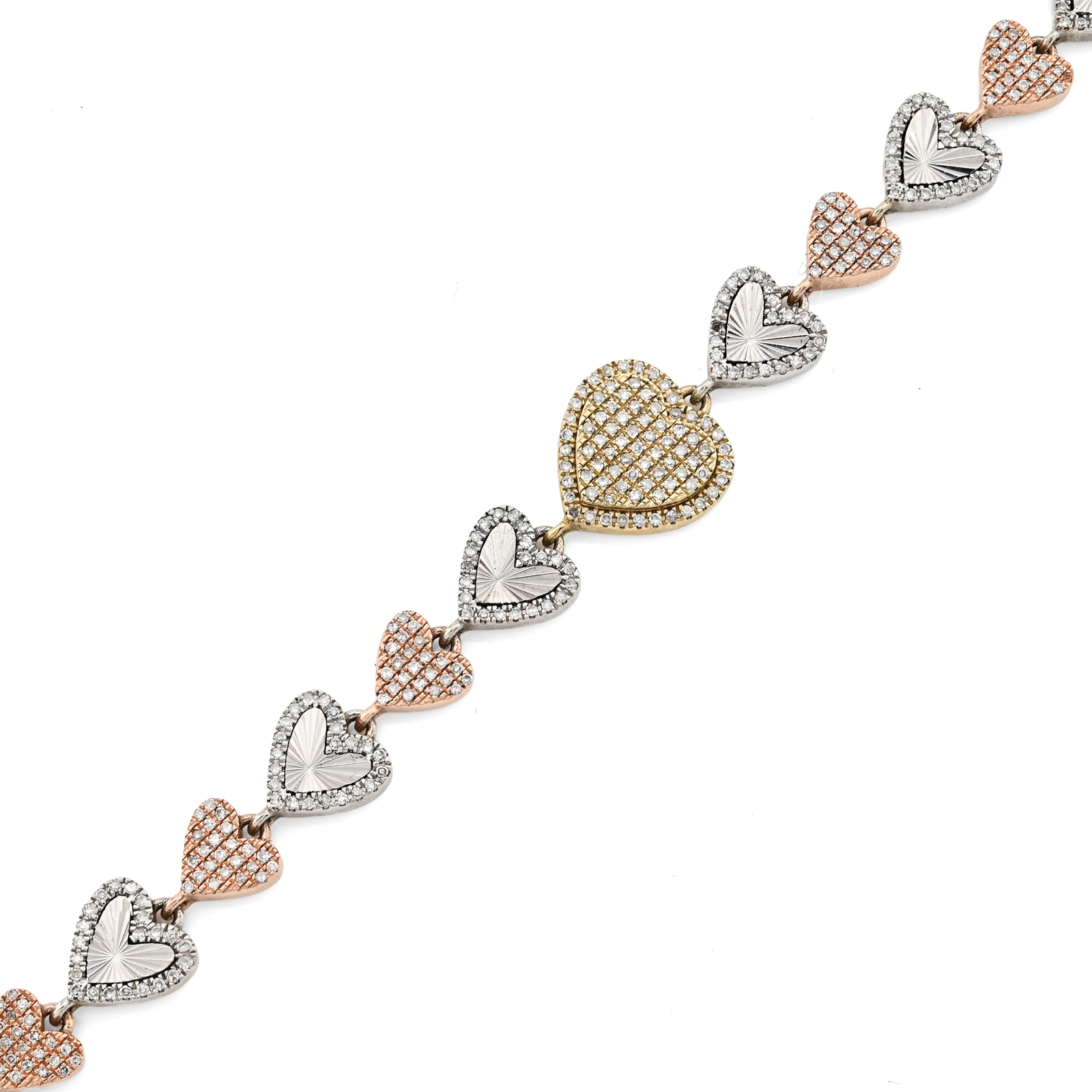 10K Yellow, White & Rose Gold 3 Tone 2CT Natural Diamond Heart Bracelet