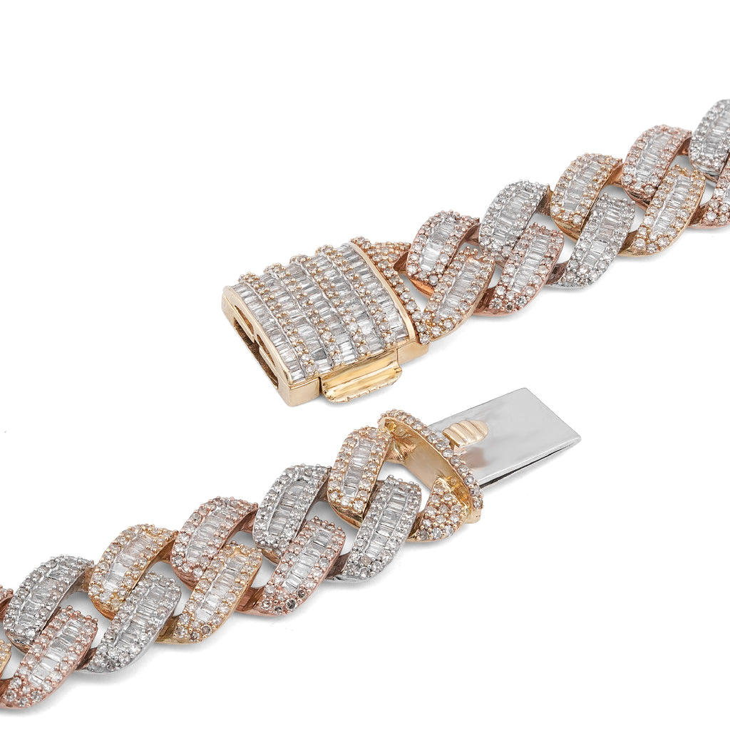 10K 3-Tone Yellow/White/Rose Gold 26CT Natural Diamond Round/Baguette 13MM Chain Men 22" Necklace