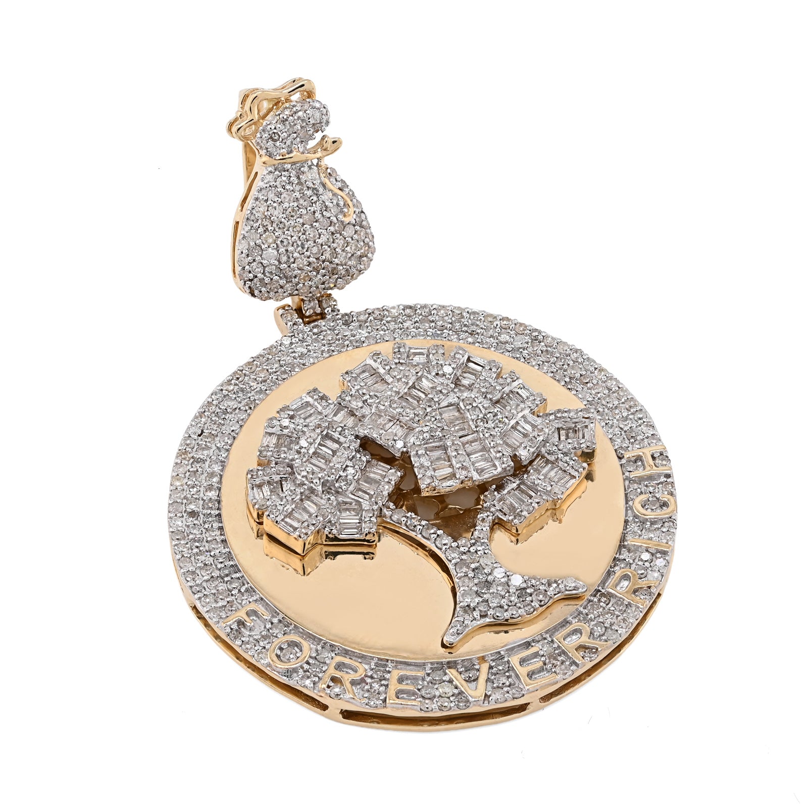 10K Yellow Gold 3.50 CT Natural Diamond Round/Baguette "Forever Rich" $ Tree Pendant 15.4 g Charm