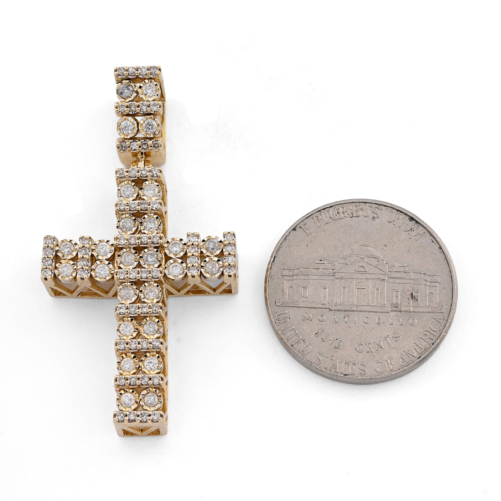 10K Yellow Gold 1.0 CT Natural Diamond Religious Cross Cage Back Men Women Pendant