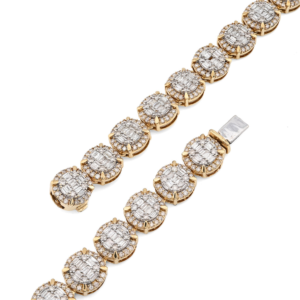 10K Yellow Gold 14 CTW Natural Diamond Baguette/Round Tennis Chain Round Shape Link 20" Necklace