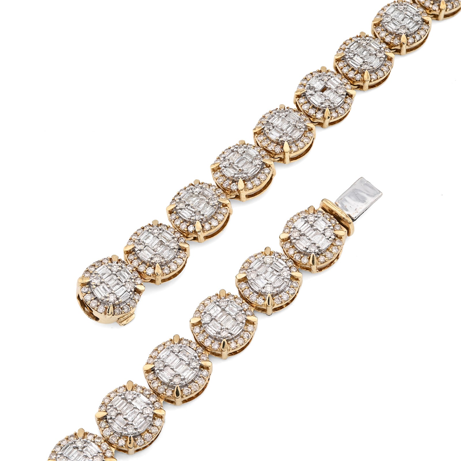 10K Yellow Gold 14 CTW Natural Diamond Baguette/Round Tennis Chain Round Shape Link 20" Necklace