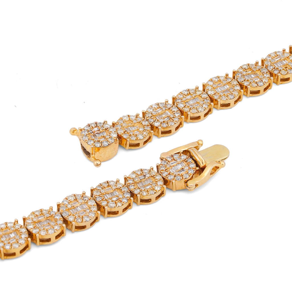10K Yellow Gold 20CT Natural Round/Baguette Diamond 8MM Flower Cluster Tennis Chain