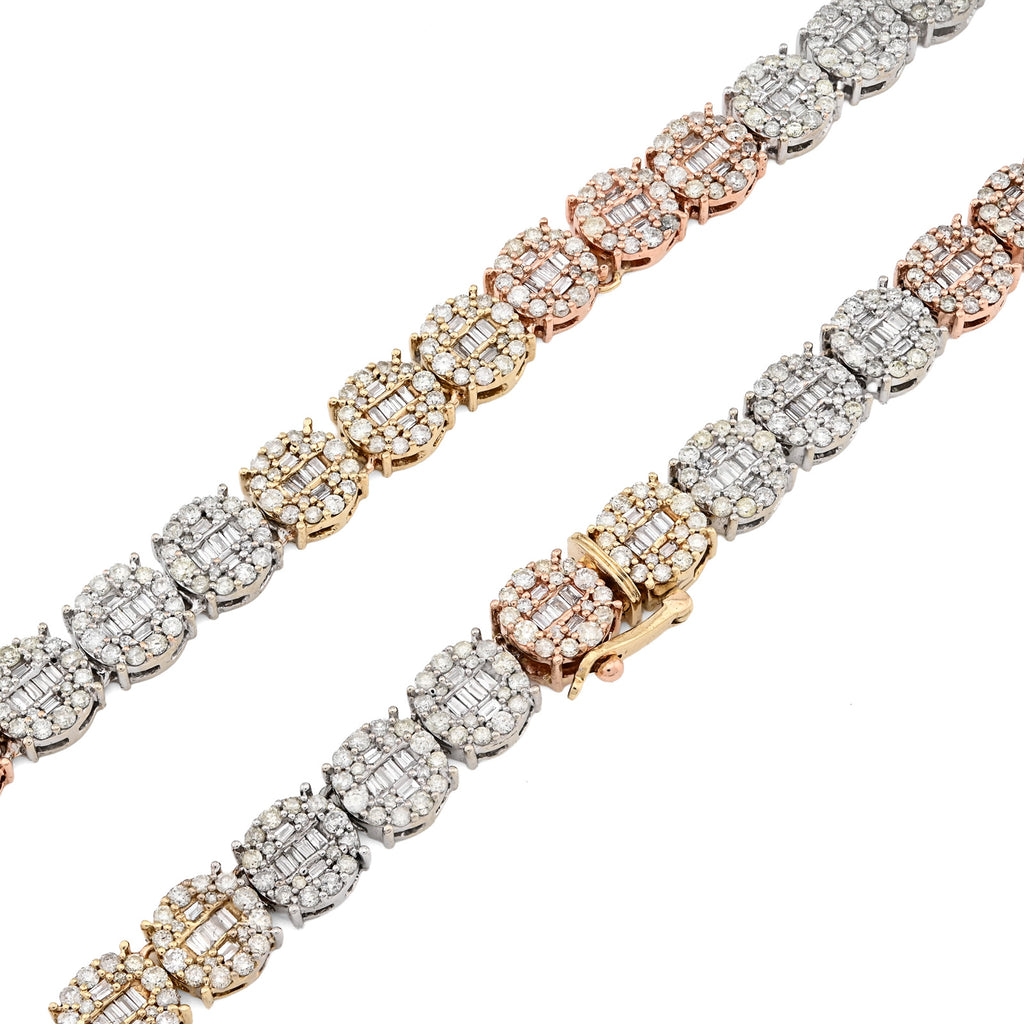 10K Yellow, White & Rose Gold 18.95 CT Natural Diamond Round/Baguette 3 Tone Round Shape Tennis Chain