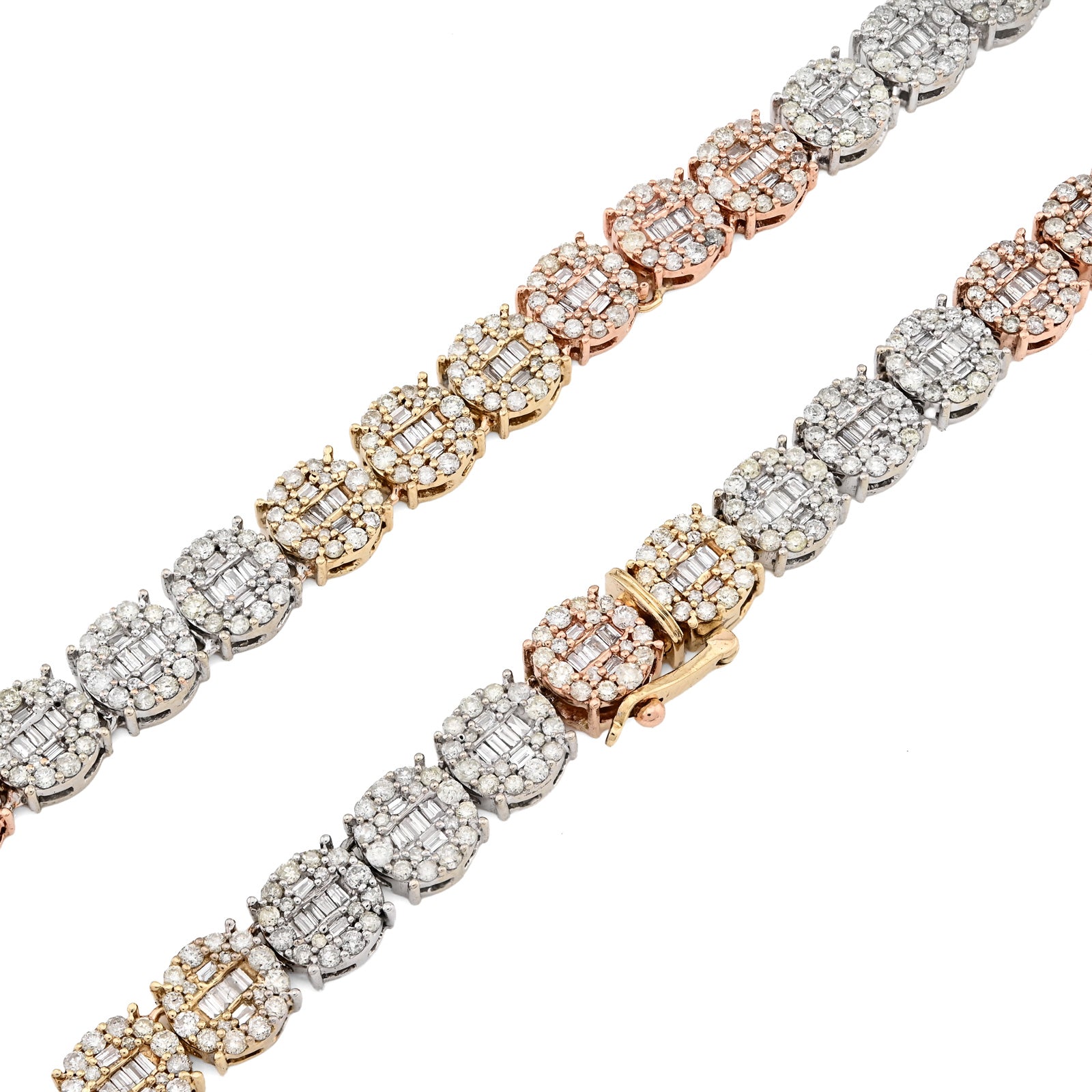 10K Yellow, White & Rose Gold 18.95 CT Natural Diamond Round/Baguette 3 Tone Round Shape Tennis Chain