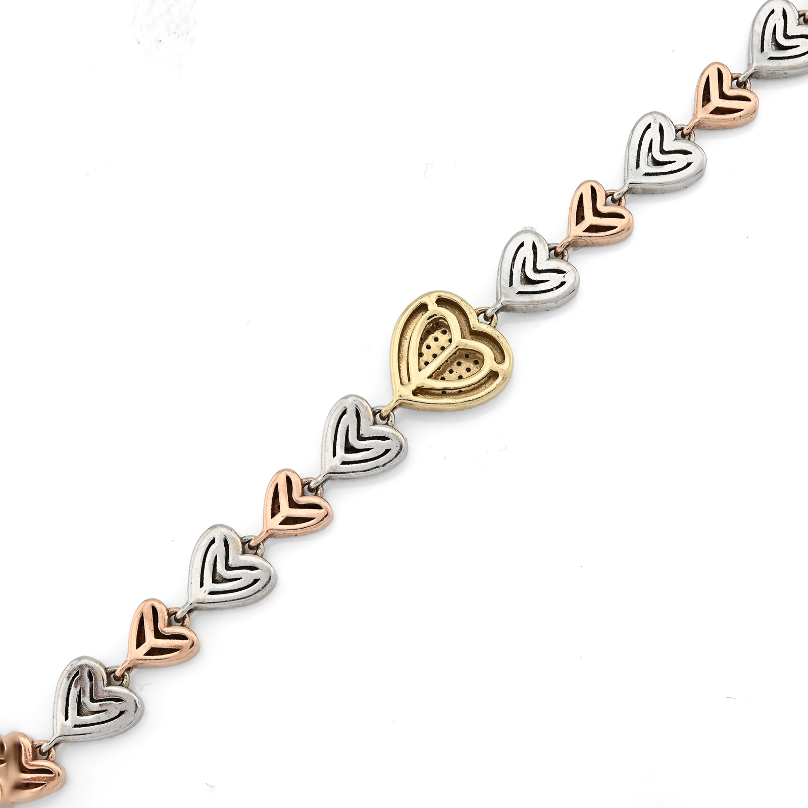10K Yellow, White & Rose Gold 3 Tone 2CT Natural Diamond Heart Bracelet