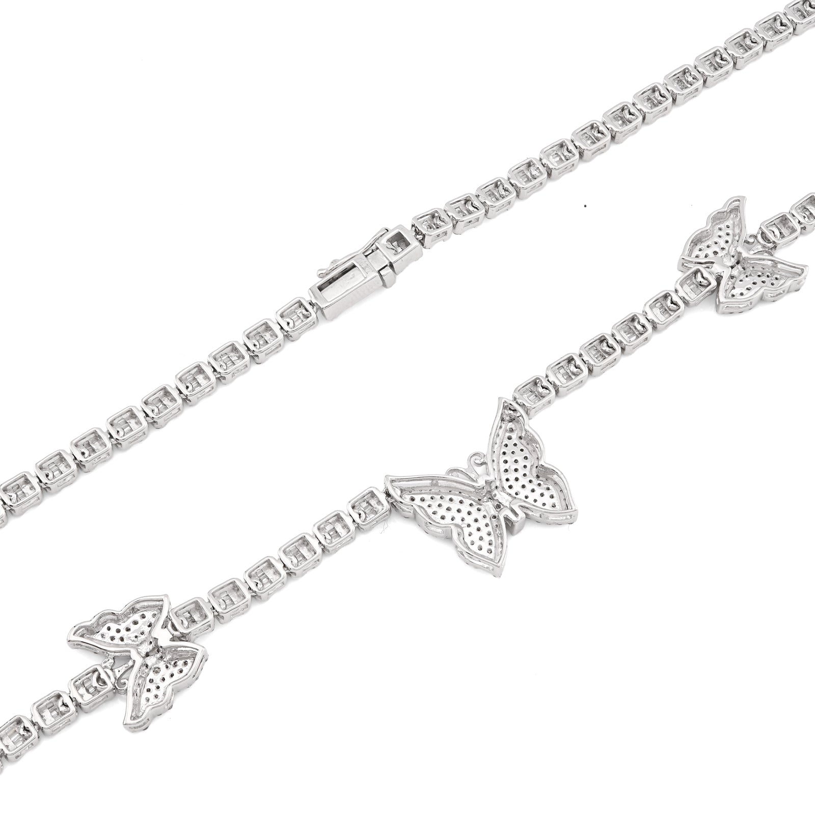 10K White Gold 5.48 CT Round & baguette Natural Diamond Butterfly Tennis Chain 18" Women Necklace 26.5 g