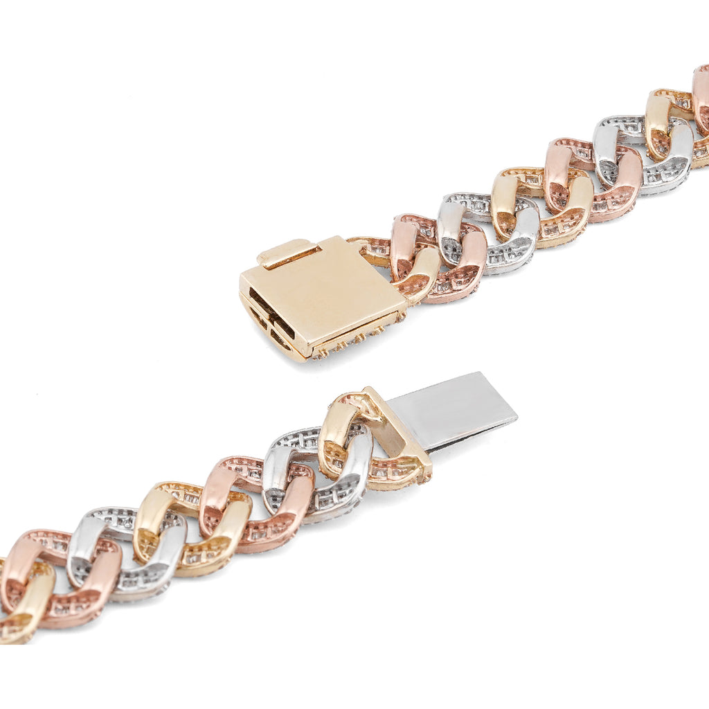 10K 3-Tone Yellow/White/Rose Gold 26CT Natural Diamond Round/Baguette 13MM Chain Men 22" Necklace