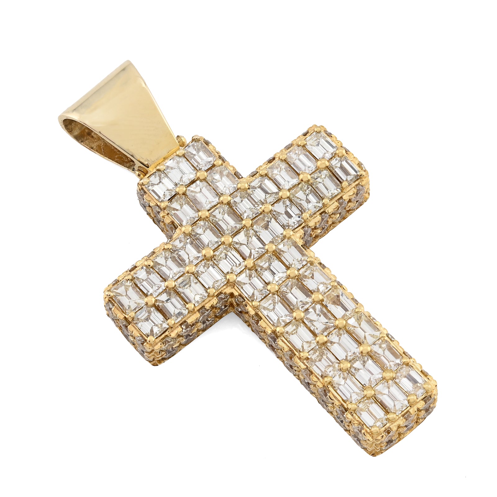 10K Yellow Gold 3.5 CT Natural Diamond Emeralds Religious Cross Pendant Men 12.3 g Charm 43.4 MM